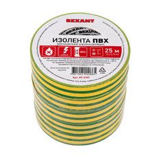 Изолента ПВХ REXANT 15 мм х 25 м, желто-зеленая, упаковка 5 роликов